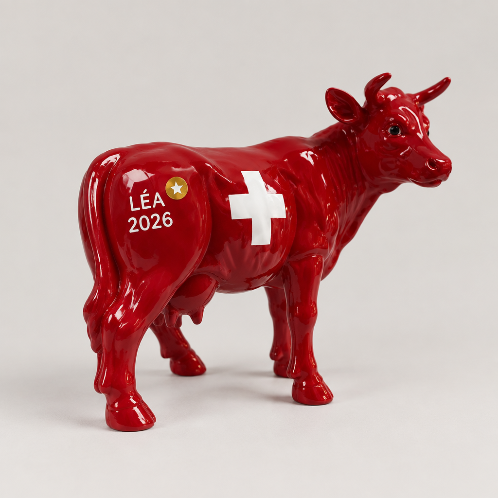 Vache Kuhtag personnalisée : prénom LÉA 2026 peint sur la fesse gauche et sticker doré (mise en scène numérique)