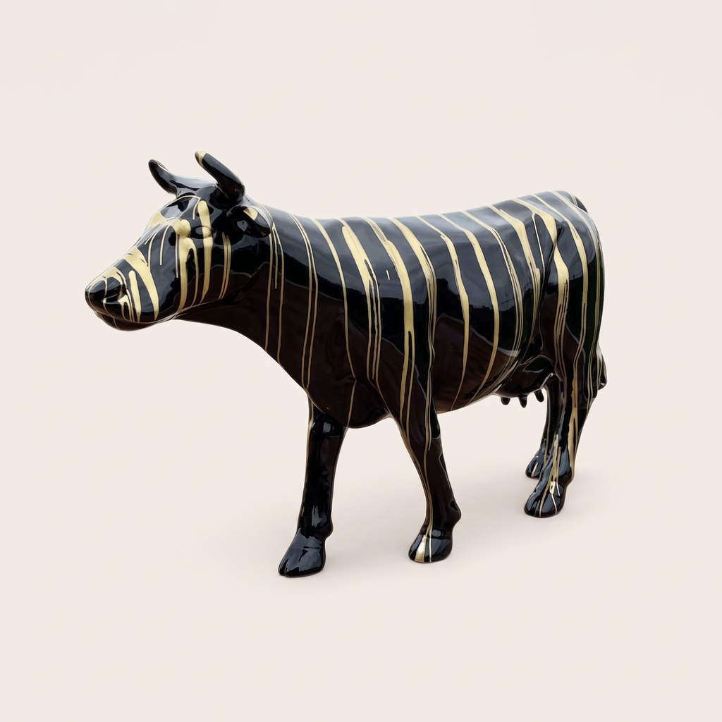 Vache en résine Kuhtag — Trash doré fond noir, grandeur nature — photo studio