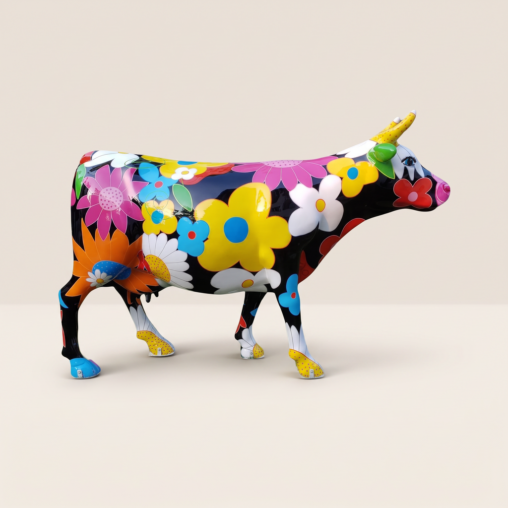 Vache en résine Kuhtag — À fleurs fond noir, grandeur nature H155 — photo studio