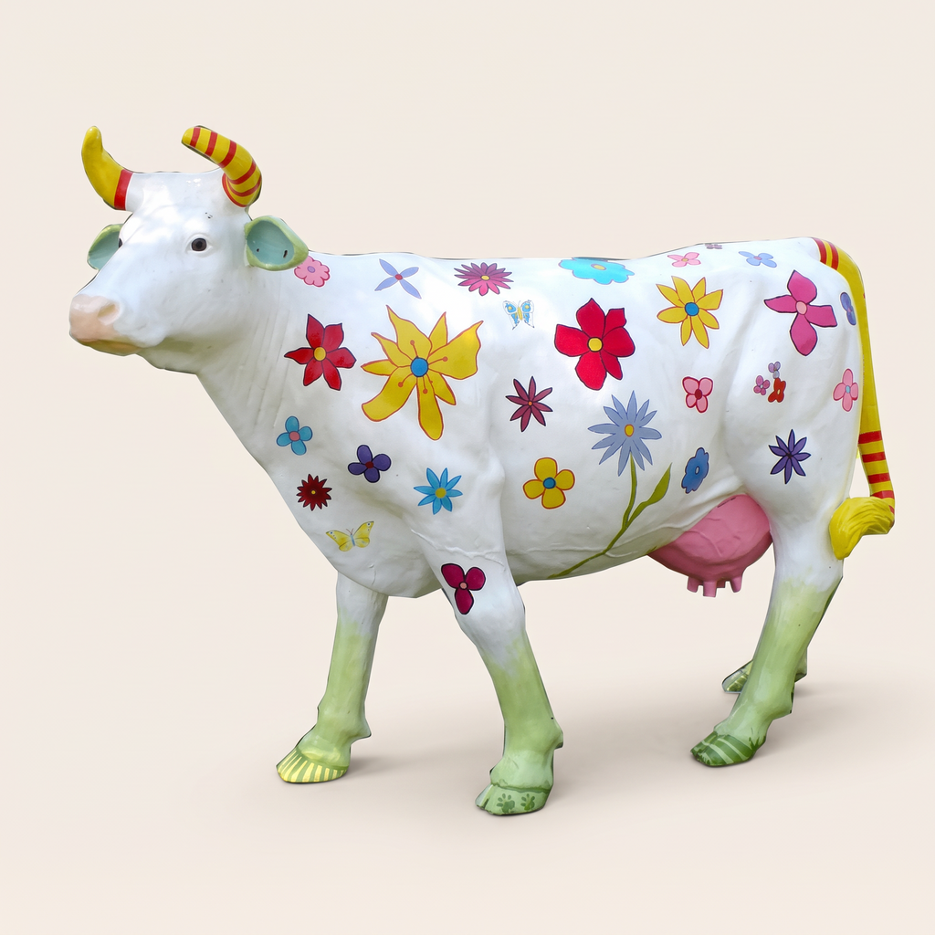 Vache en résine Kuhtag — Fleurs fond blanc, grandeur nature — photo studio