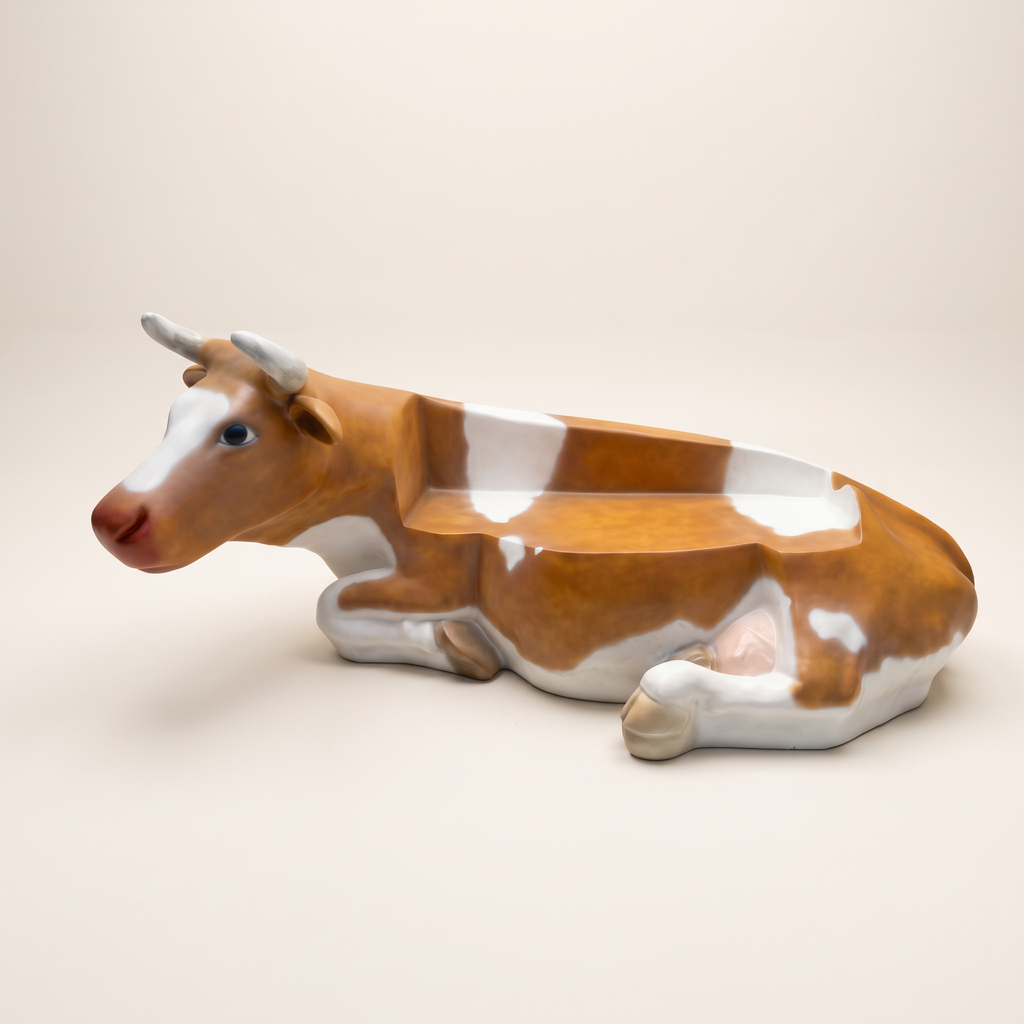 Vache en résine Kuhtag — Banc blanc-brun, grandeur nature — photo studio