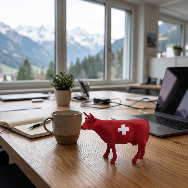 Vache en résine Kuhtag — Drapeau suisse H15 cm — en situation (mise en scène numérique)