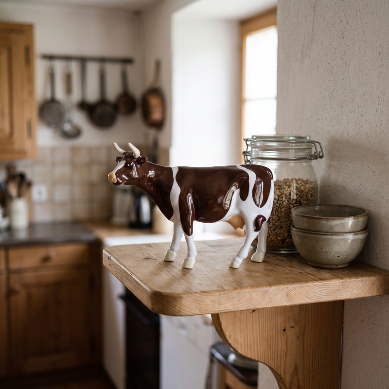 Vache en résine Kuhtag — Vaudoise brun-blanc H15 cm — en situation (mise en scène numérique)