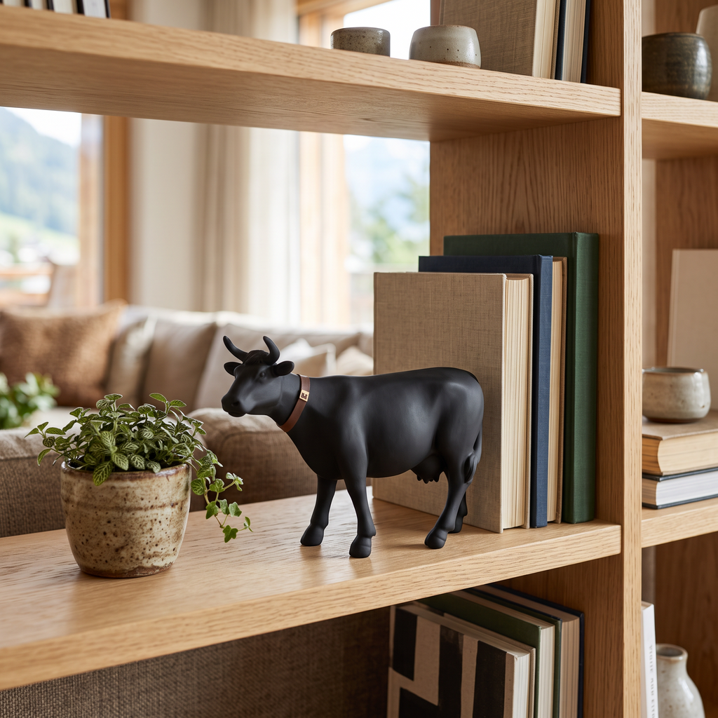 Vache en résine Kuhtag — Noir avec collier doré H15 cm — en situation (mise en scène numérique)