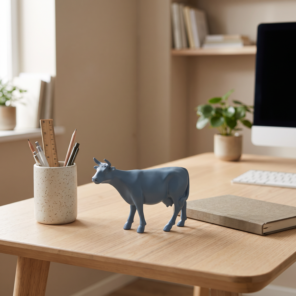 Vache en résine Kuhtag — Bleu ardoise H15 cm — en situation (mise en scène numérique)