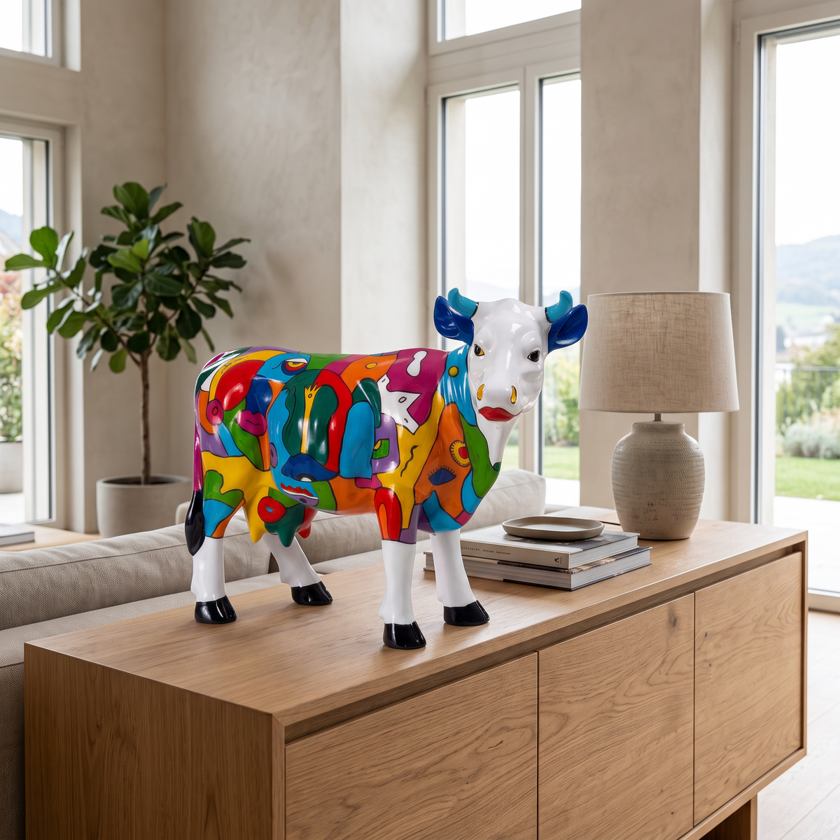 Vache en résine Kuhtag — Design multicolor H45 cm — en situation (mise en scène numérique)