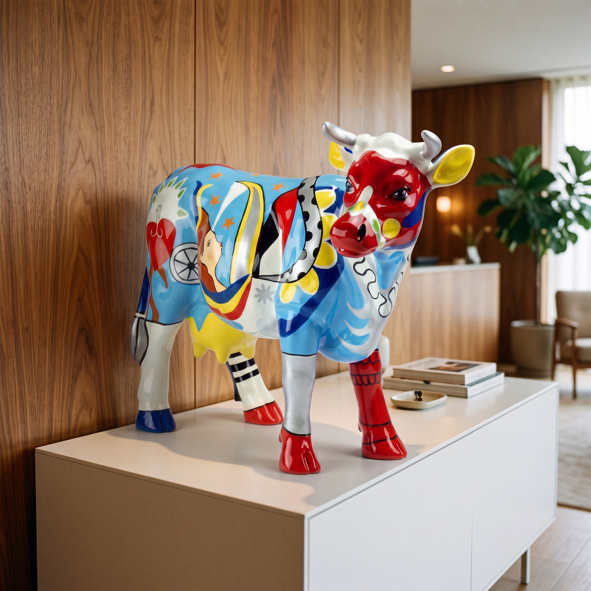 Vache en résine Kuhtag — Design heart H45 cm — en situation (mise en scène numérique)