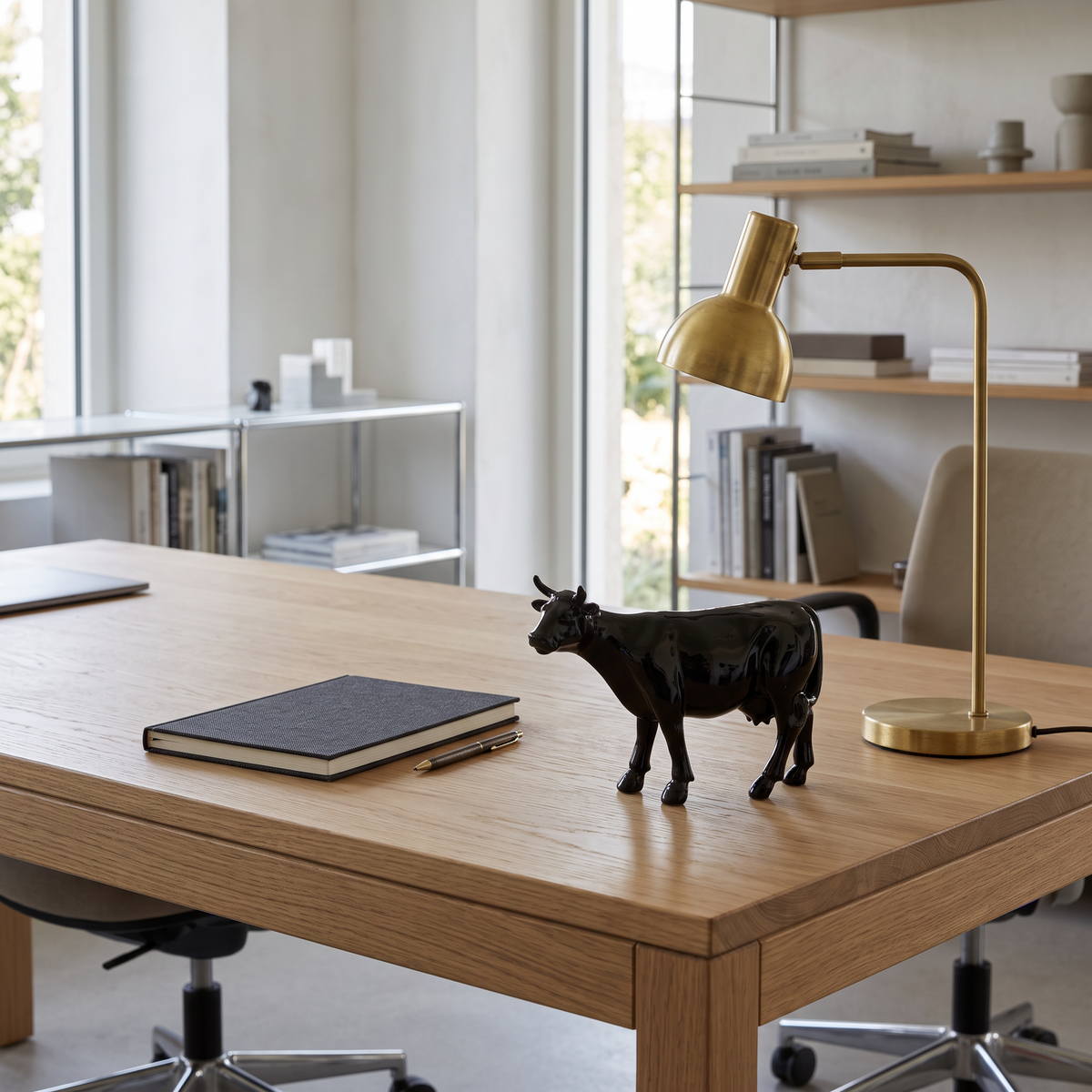 Vache en résine Kuhtag — Noire H15 cm — en situation (mise en scène numérique)