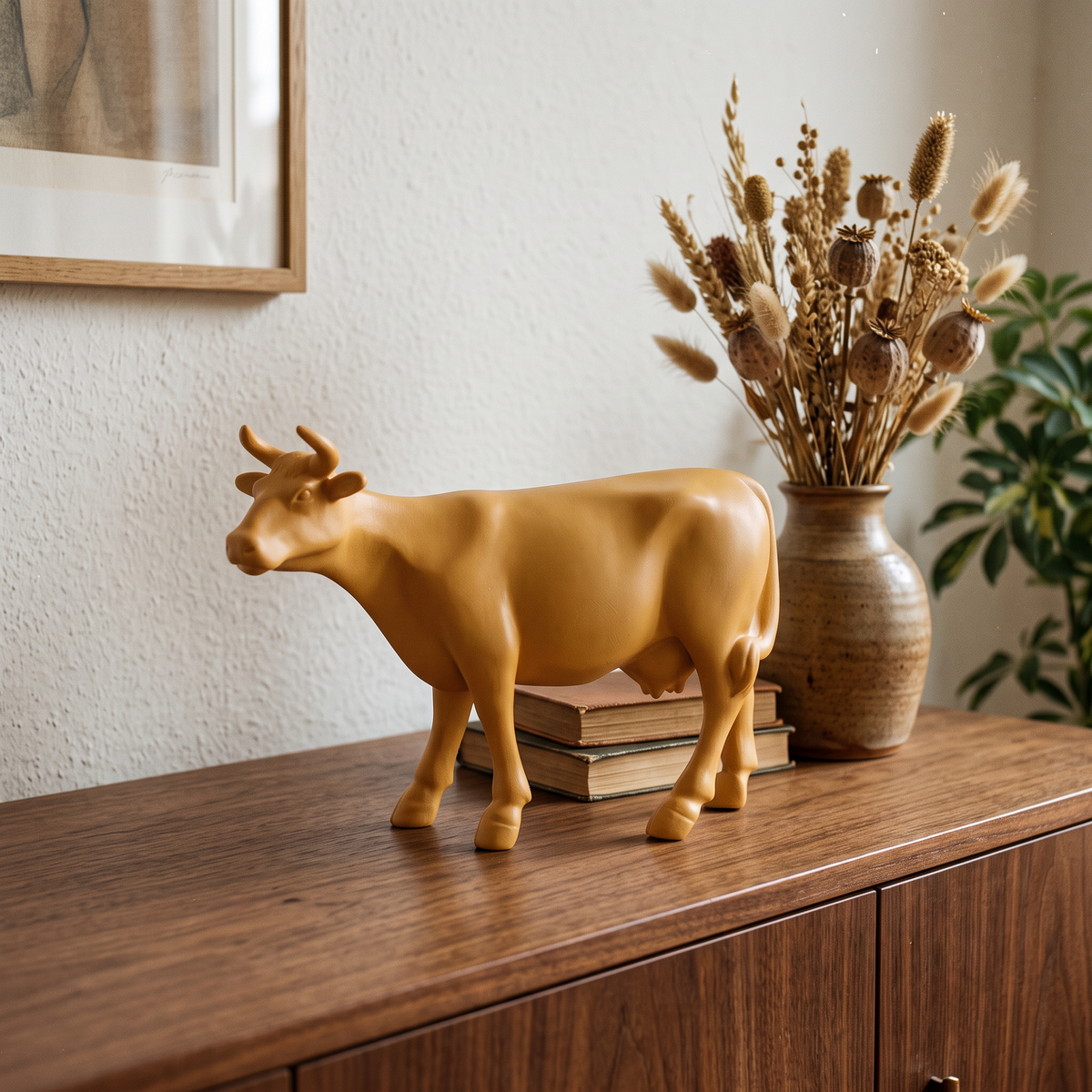 Vache en résine Kuhtag — Jaune moutarde H15 cm — en situation (mise en scène numérique)