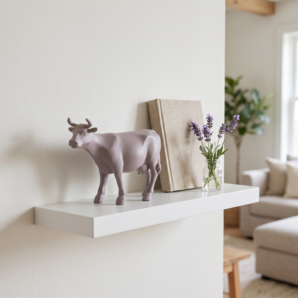 Vache en résine Kuhtag — Lavande H15 cm — en situation (mise en scène numérique)