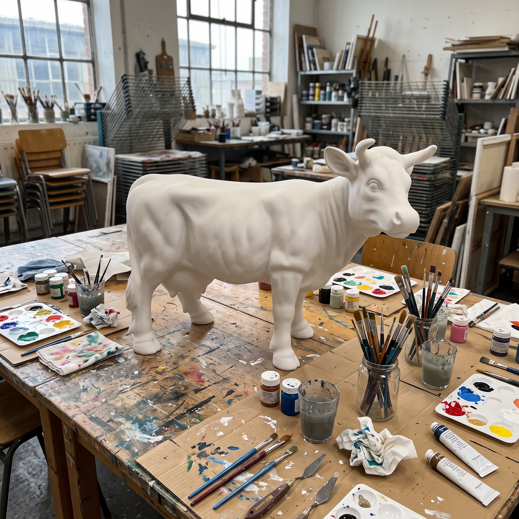 Vache en résine Kuhtag — Blanc mat prêt-à-peindre H45 cm — en situation (mise en scène numérique)