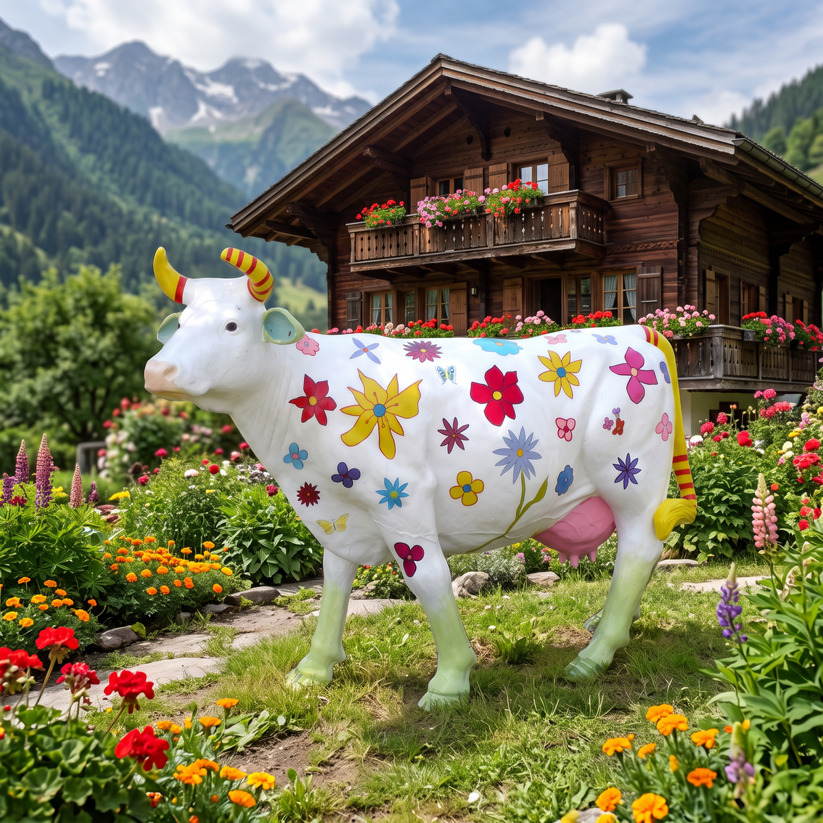 Vache en résine Kuhtag — Blanche à fleurs — en situation (mise en scène numérique)