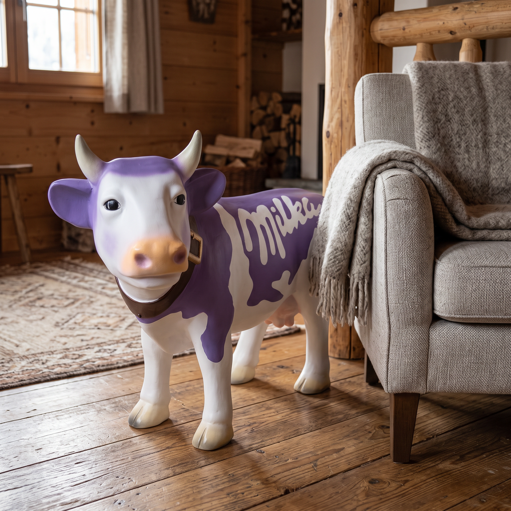 Vache en résine Kuhtag — Milka H67 cm — en situation (mise en scène numérique)