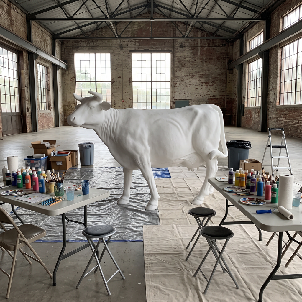 Vache en résine Kuhtag — Blanc mat prêt-à-peindre, grandeur nature H150 — en situation (mise en scène numérique)