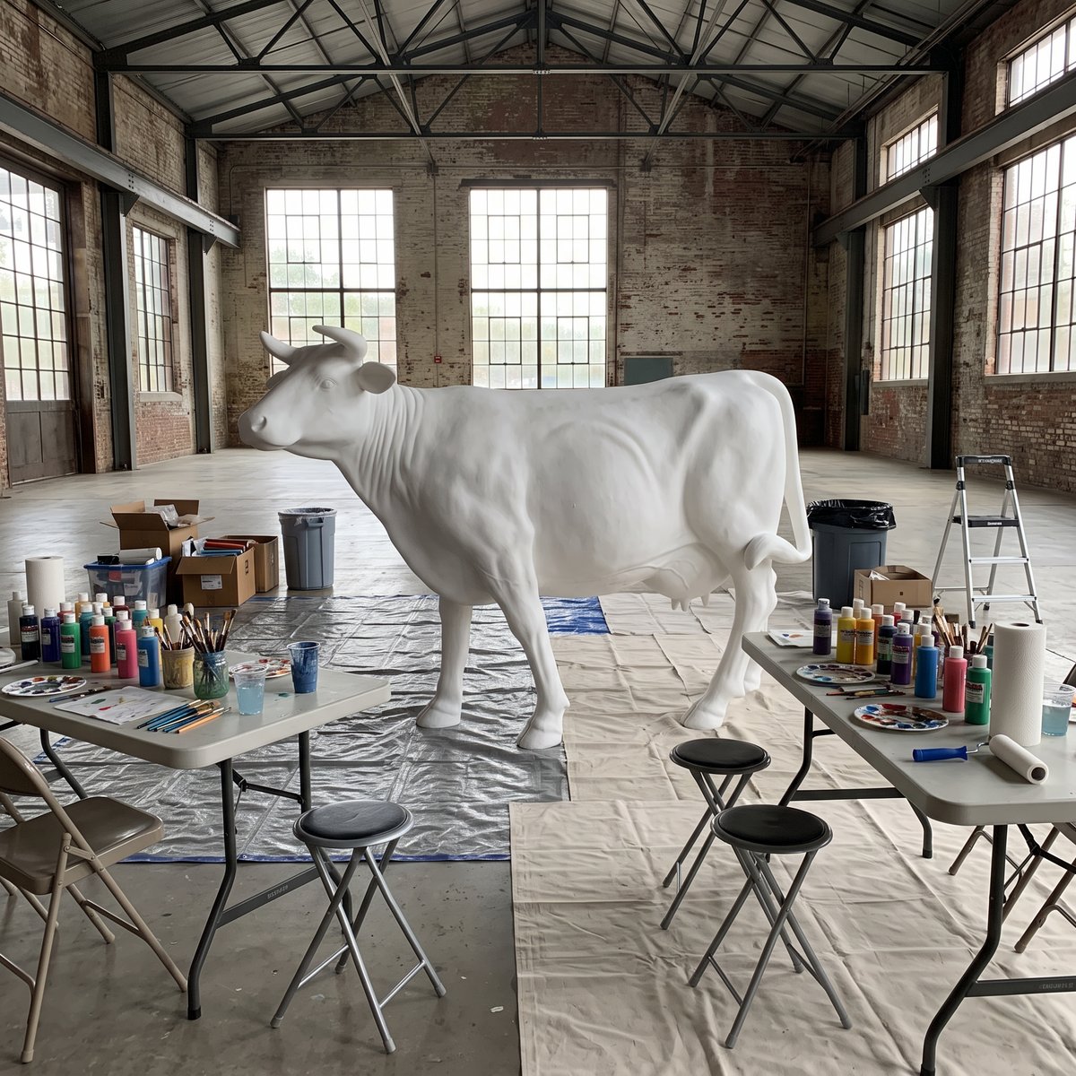 Vache en résine Kuhtag — Blanc mat prêt-à-peindre, grandeur nature H150 — en situation (mise en scène numérique)