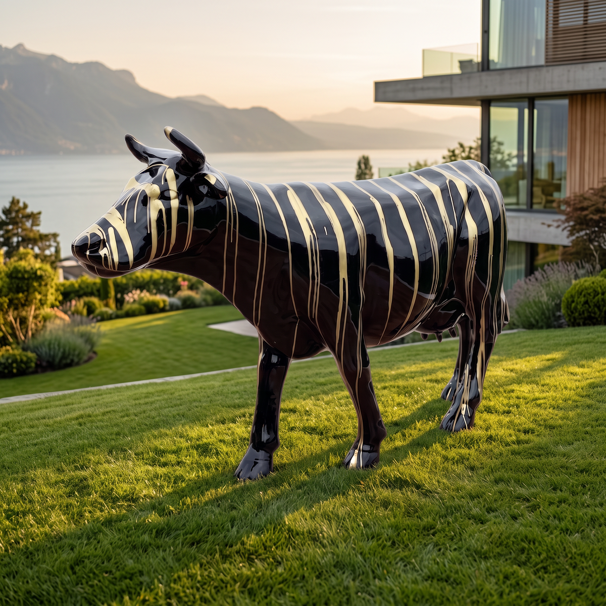 Vache en résine Kuhtag — Trash doré fond noir, grandeur nature — en situation (mise en scène numérique)