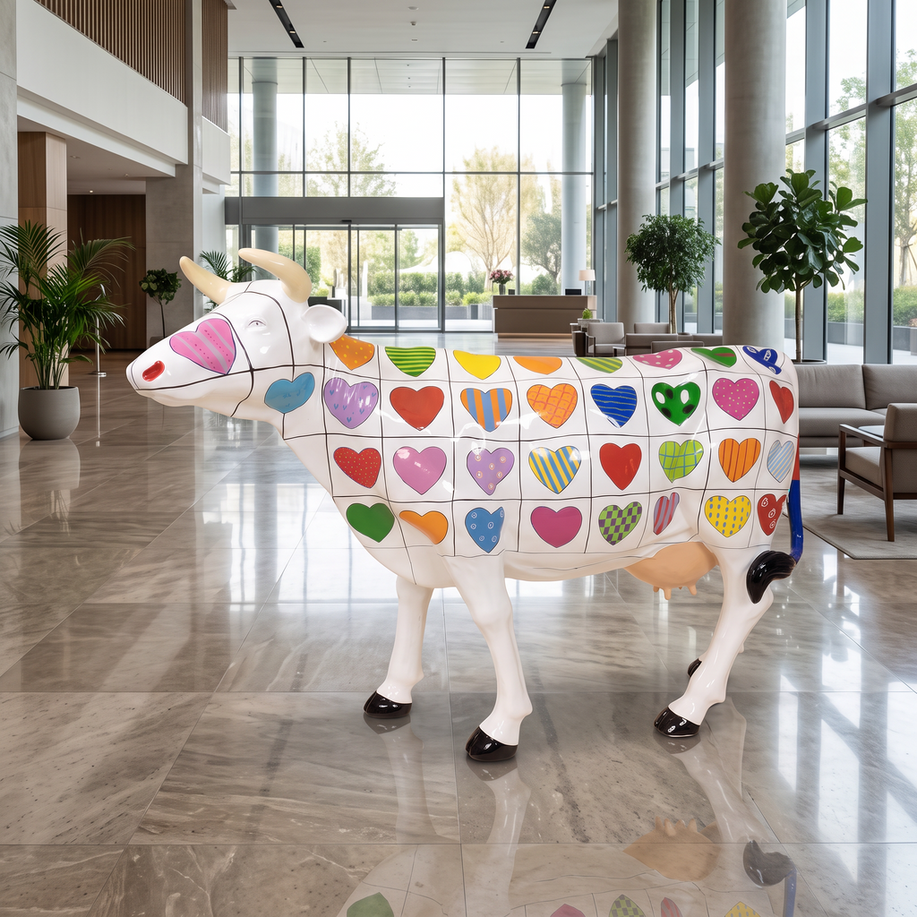 Vache en résine Kuhtag — Cœurs, grandeur nature — en situation (mise en scène numérique)