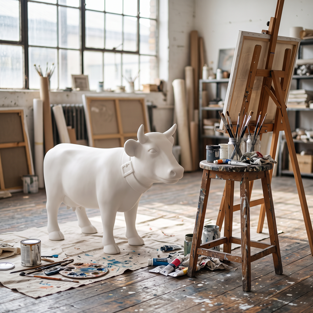 Vache en résine Kuhtag — Design prêt-à-peindre H67 cm — en situation (mise en scène numérique)