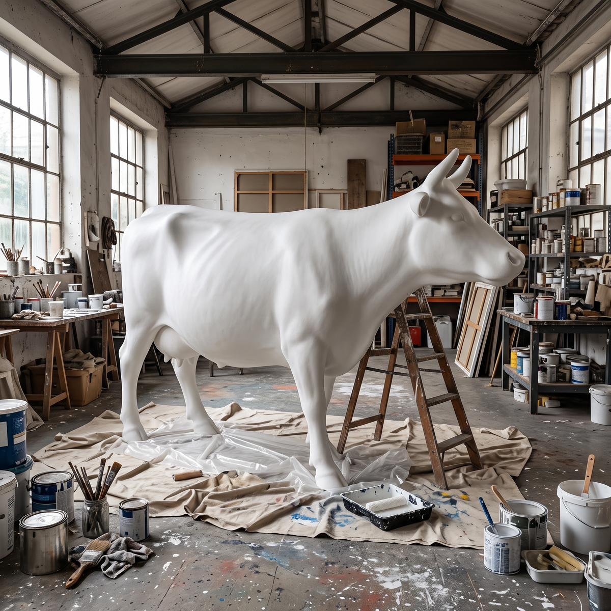 Vache en résine Kuhtag — Blanc mat prêt-à-peindre, grandeur nature H155 — en situation (mise en scène numérique)