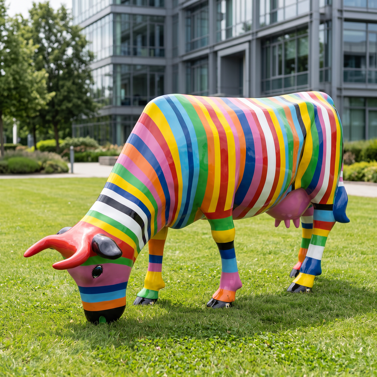 Vache en résine Kuhtag — Multicolor, grandeur nature — en situation (mise en scène numérique)