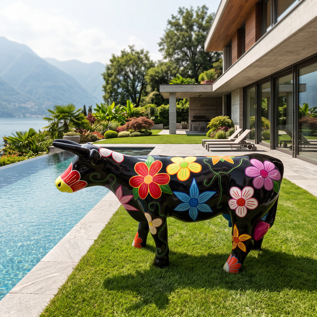 Vache en résine Kuhtag — Fleurs — en situation (mise en scène numérique)