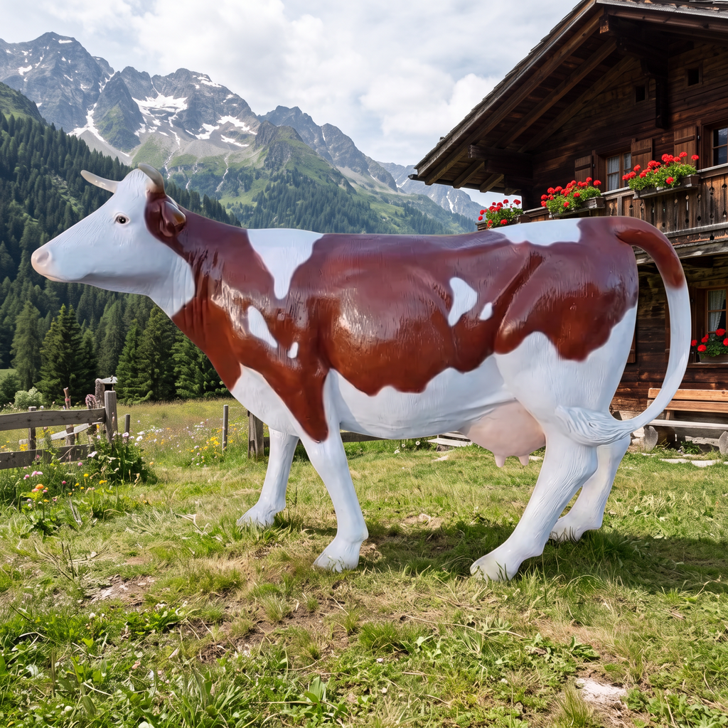 Vache en résine Kuhtag — Vaudoise, grandeur nature — en situation (mise en scène numérique)