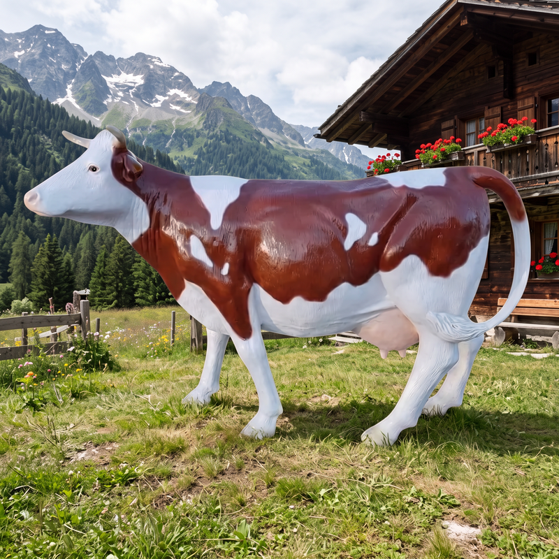 Vache en résine Kuhtag — Vaudoise, grandeur nature — en situation (mise en scène numérique)