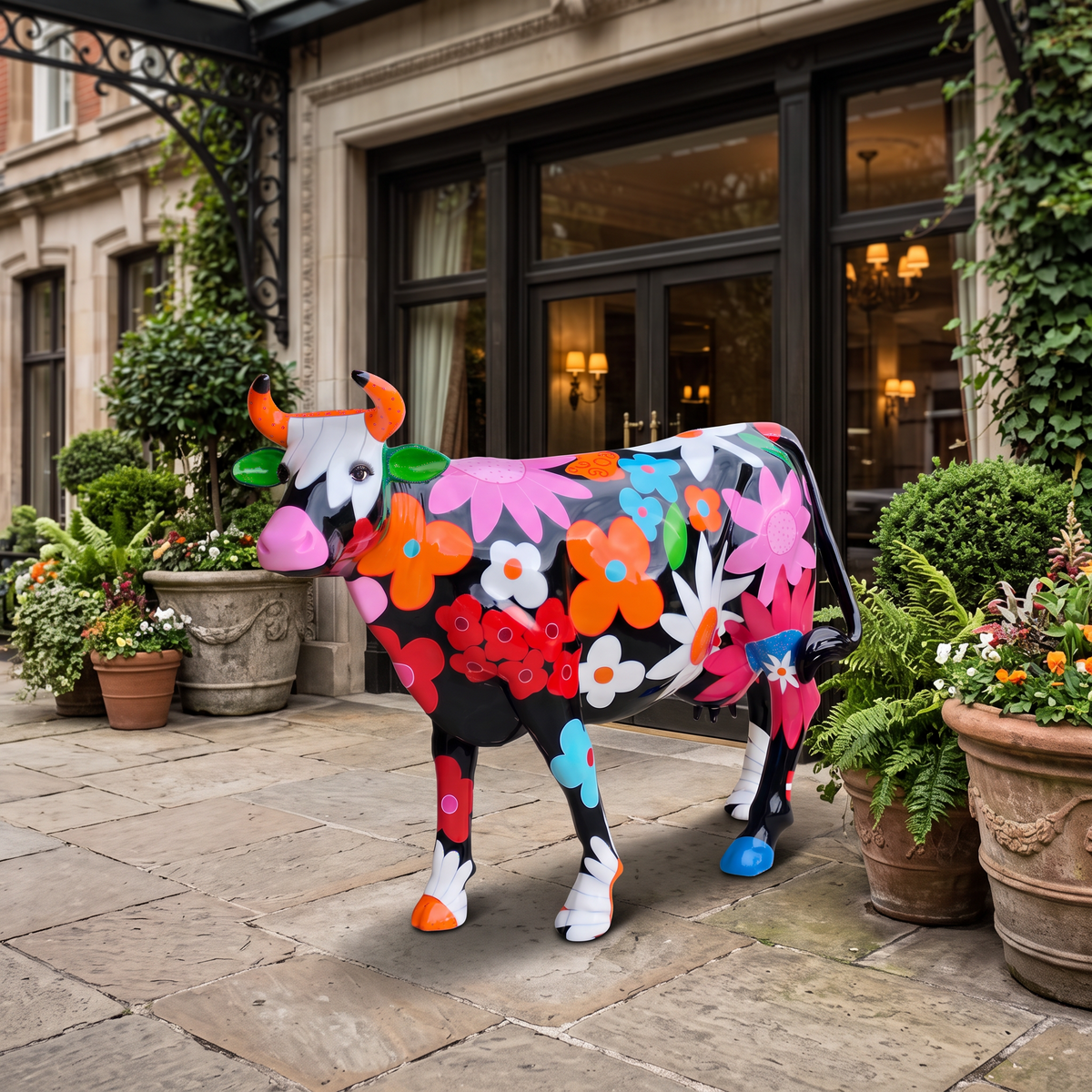 Vache en résine Kuhtag — À fleurs fond noir, grandeur nature H150 — en situation (mise en scène numérique)