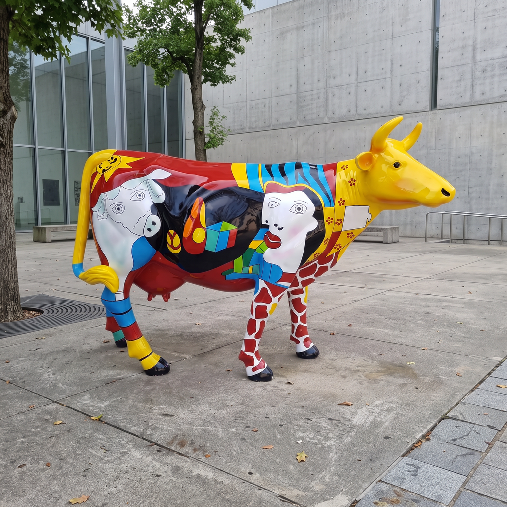 Vache en résine Kuhtag — Picasso — en situation (mise en scène numérique)