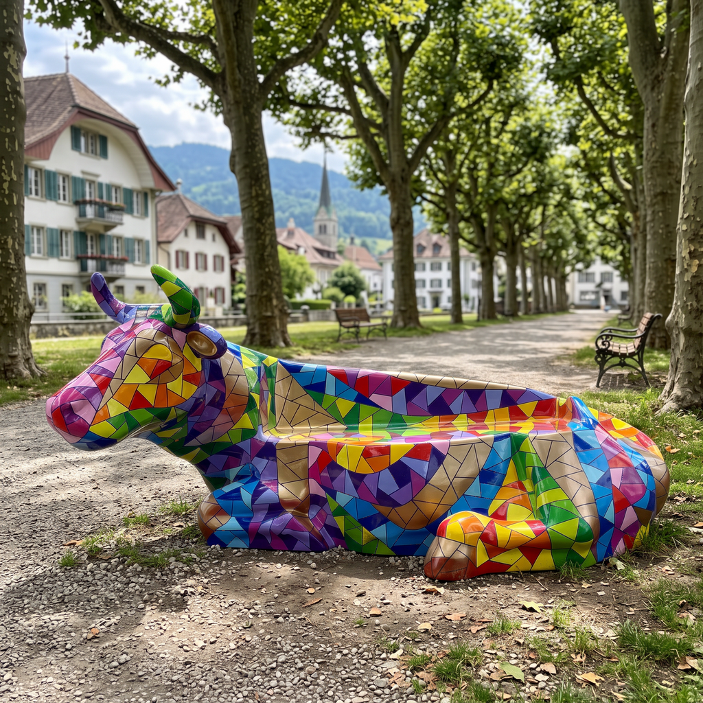 Vache en résine Kuhtag — Banc mosaïque, grandeur nature — en situation (mise en scène numérique)