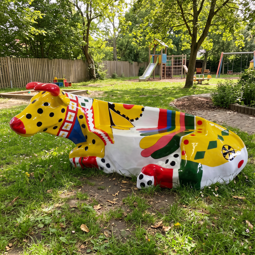 Vache en résine Kuhtag — Banc Picasso — en situation (mise en scène numérique)