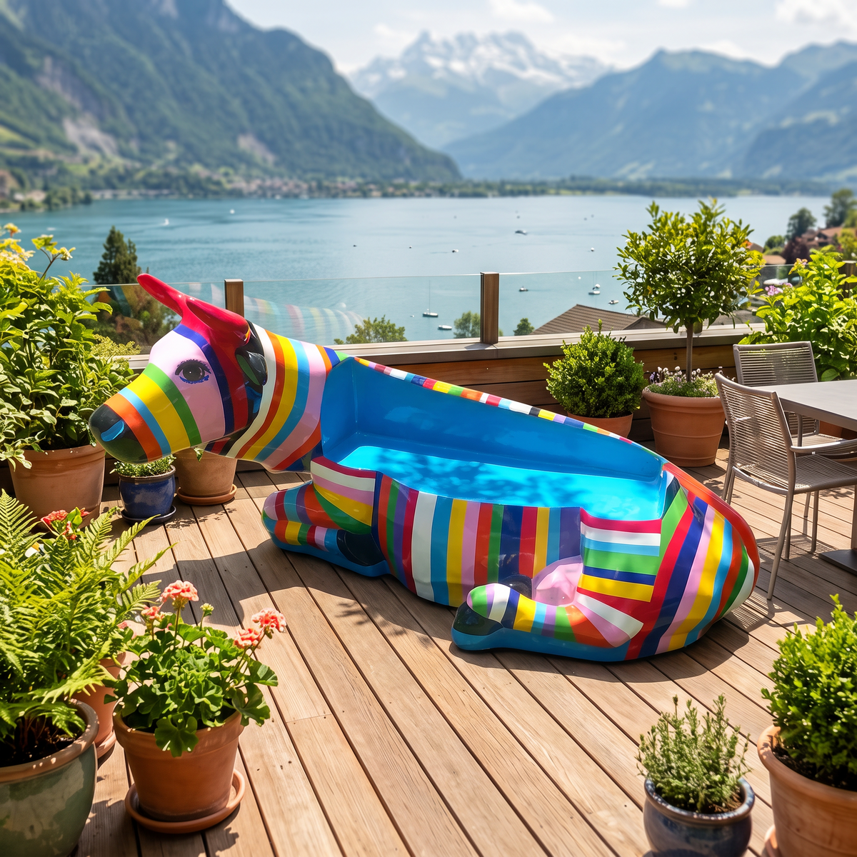 Vache en résine Kuhtag — Banc multicolor, grandeur nature — en situation (mise en scène numérique)