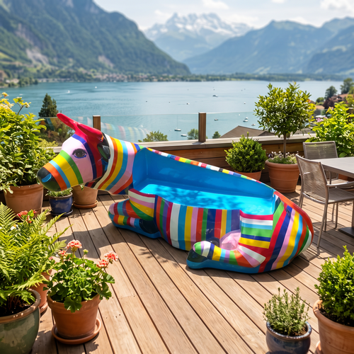 Vache en résine Kuhtag — Banc multicolor, grandeur nature — en situation (mise en scène numérique)