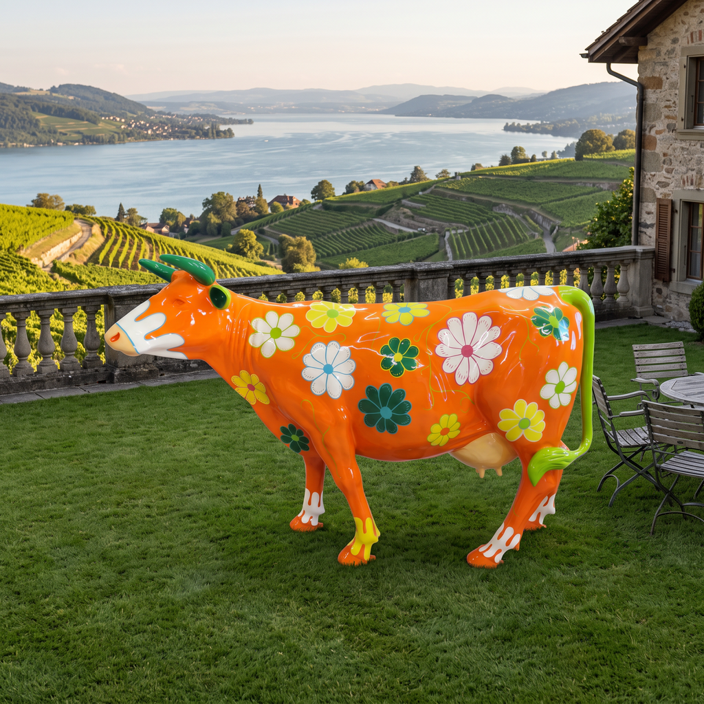 Vache en résine Kuhtag — À fleurs fond orange, grandeur nature — en situation (mise en scène numérique)