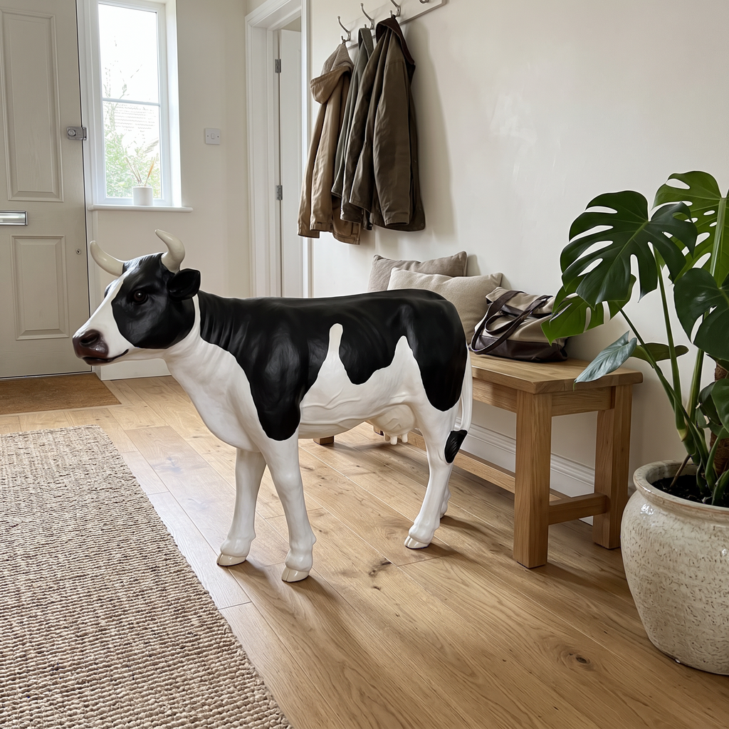 Vache en résine Kuhtag — Noir-blanc H67 × L90 cm — en situation (mise en scène numérique)