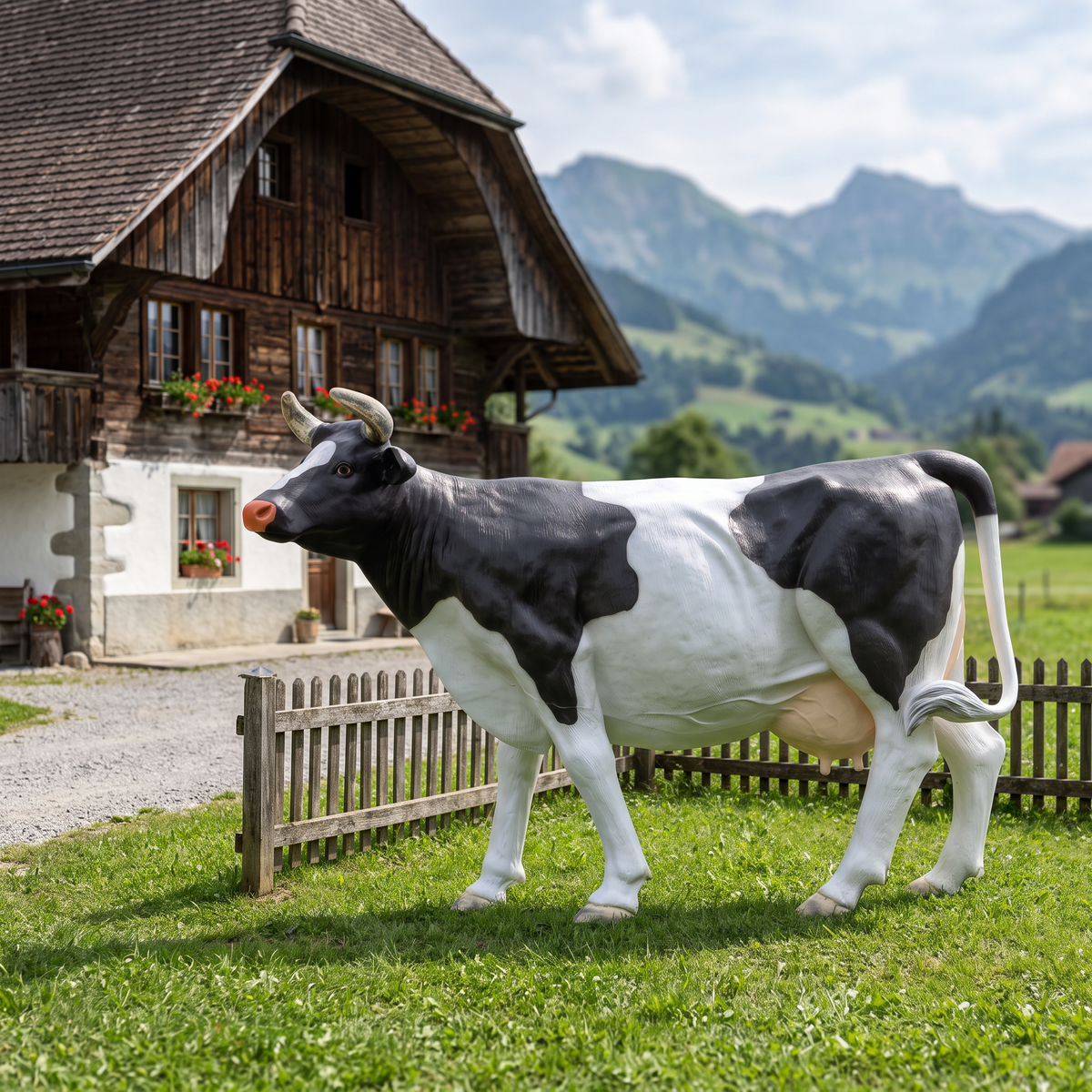 Vache en résine Kuhtag — Fribourgeoise H155 × L220 cm — en situation (mise en scène numérique)