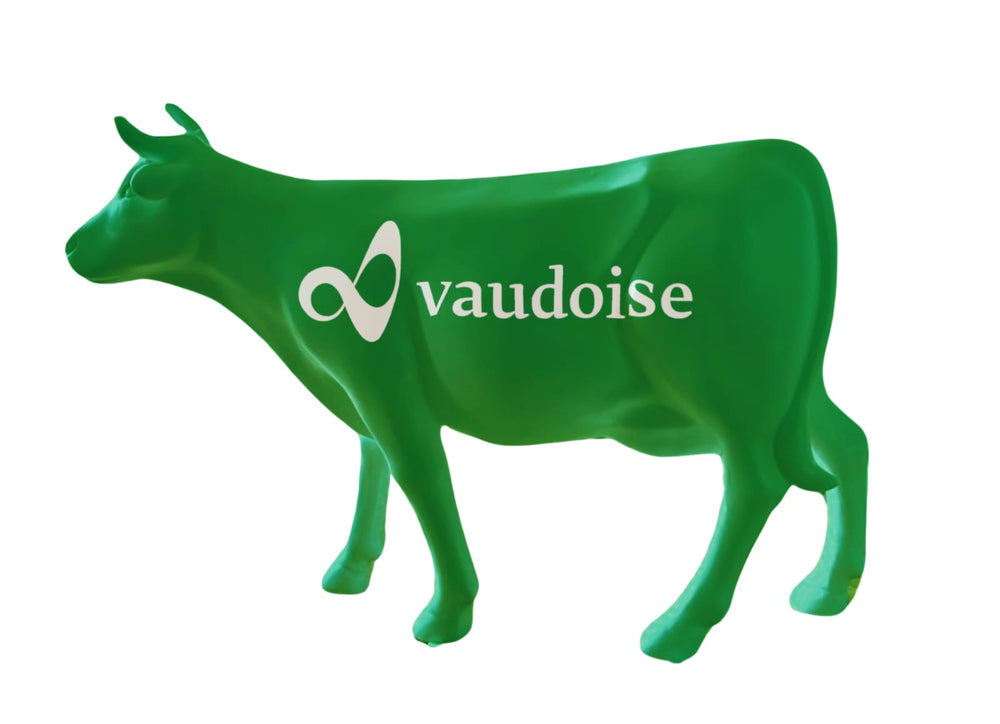 Petite vache Kuhtag verte au logo de Vaudoise Assurances