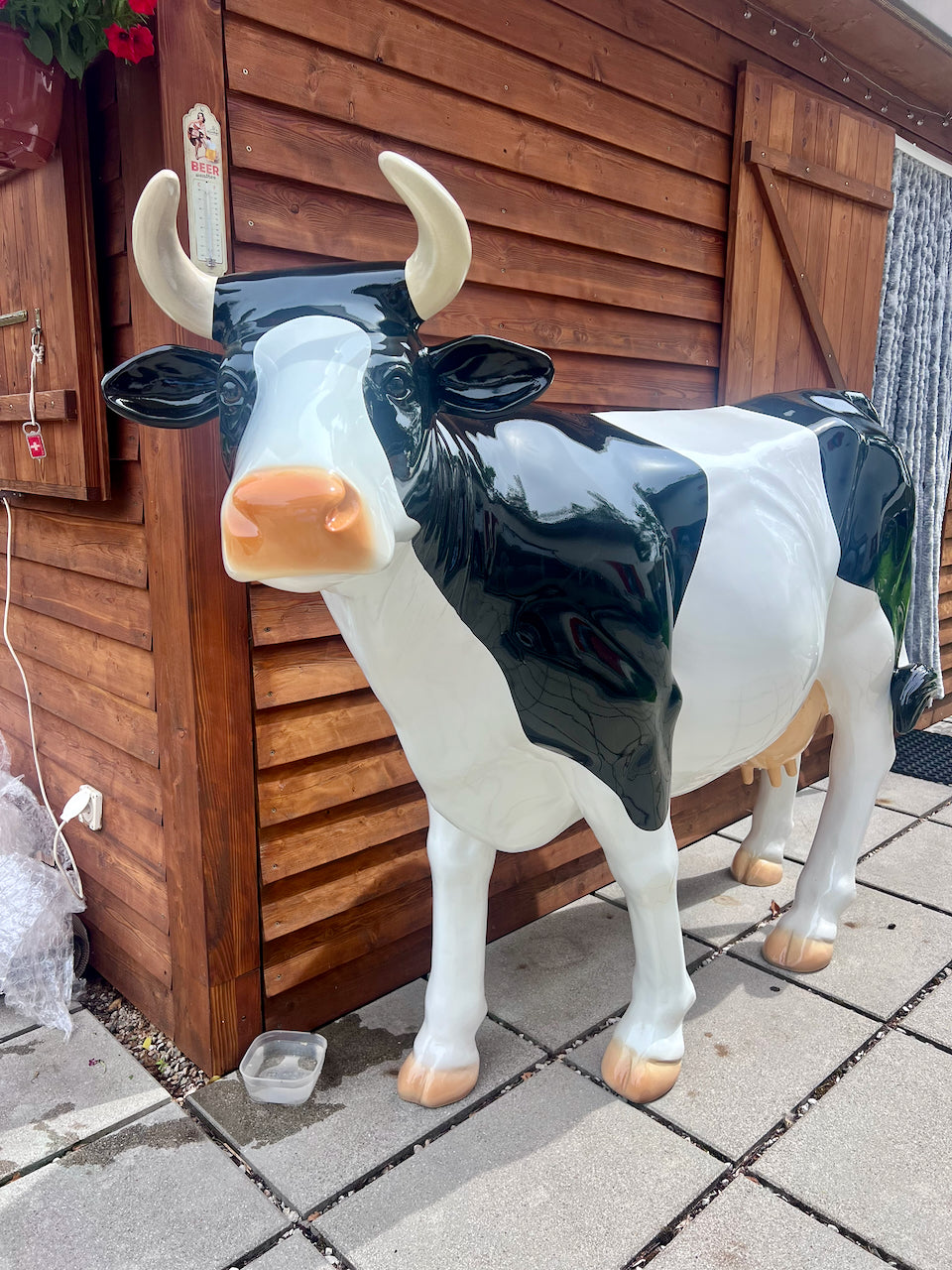 Vache Kuhtag noire et blanche contre un chalet en bois