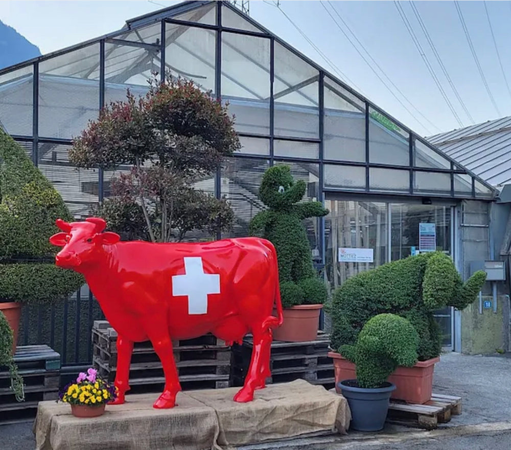 Vache Kuhtag à croix suisse à l’entrée d’une jardinerie